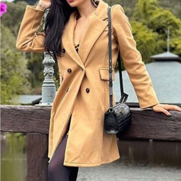 Cozy Camel Tan Button up Double Breast Pea coat Jacket - Picture 8 of 9